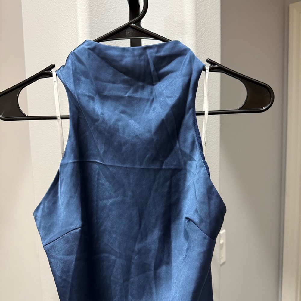 Lulus Exceptional Status Halter Backless Satin Midi Dress Blue Size Small - Picture 3 of 8